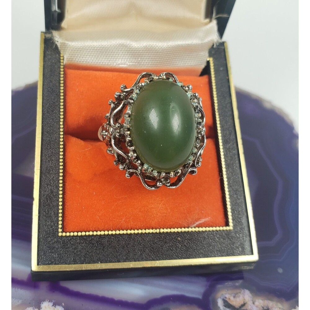 HMS Madeira Creations Geisha Jade Green Cabochon Cocktail 14K Heavy White Gold